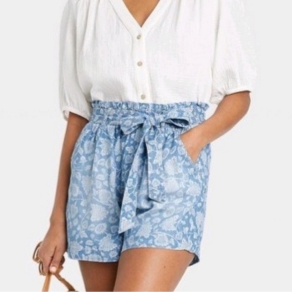 Knox Rose Paper-bag Distressed Chambray Floral Boho Shorts with Waist-tie Sz M - Picture 3 of 10